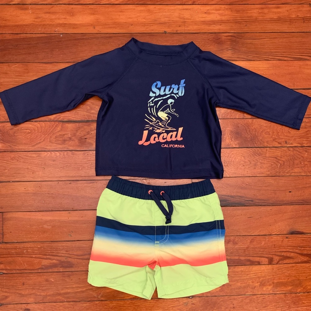 Baby Boys 12m Swimsuit Trunks & Rashguard Teal Navy Shark Swim Suit